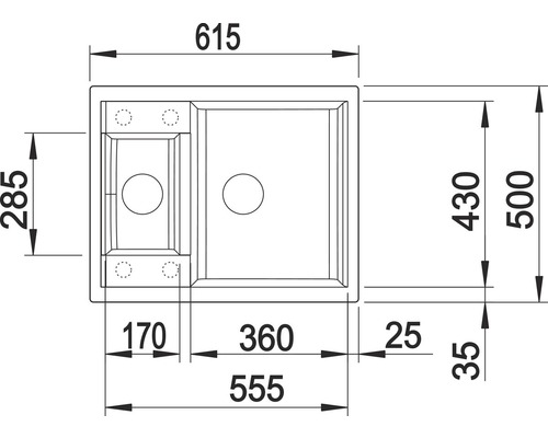 Zeichnung einer Küchenspüle mit den Maßen 615 x 500 Millimeter.