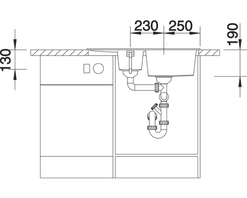 Schéma d''un évier avec indications de dimensions pour l''installation dans un meuble bas