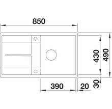 Zeichnung einer Spüle mit Maßangaben: 850 mm Gesamtlänge, 490 mm Gesamtbreite, Spülbeckenbreite 390 mm und Beckentiefe 430 mm.