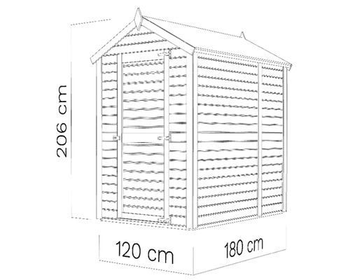 Illustration eines Gartenhauses mit den Maßen 206 cm Höhe, 120 cm Breite und 180 cm Tiefe.