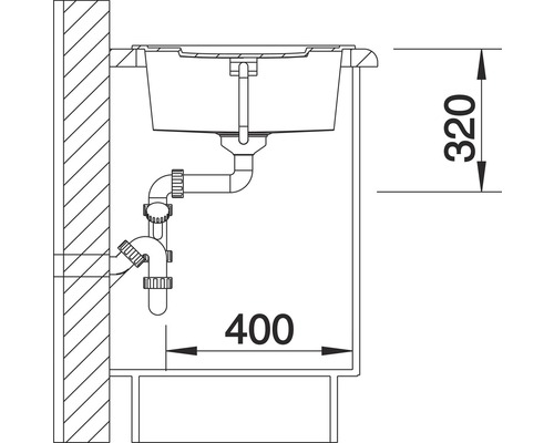Schéma technique d''un évier avec dimensions : 320 mm de hauteur, 400 mm de largeur