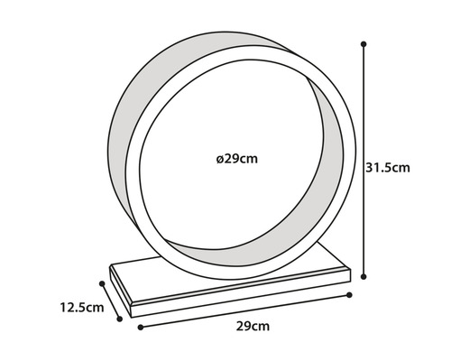 Image d''une roue d''exercice pour chat mesurant 29 cm de diamètre, 31,5 cm de hauteur et une base de 29 cm de long et 12,5 cm de large.