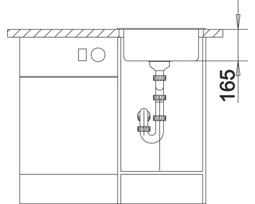 Dessin d''un évier de cuisine avec siphon et cote de 165