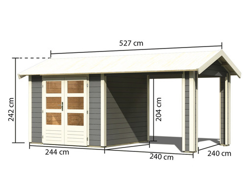 Image d''un abri de jardin mesurant 527 cm de large, 242 cm de haut, 244 cm de profondeur et 240 cm pour l''espace ouvert.