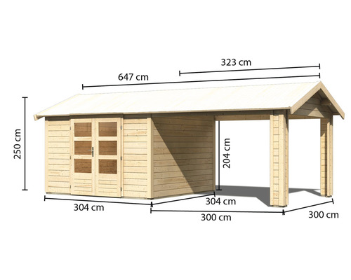 Abri de jardin en bois avec carport et indications de dimensions