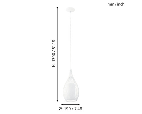Weisse Pendelleuchte mit den Massen Höhe 1300 Millimeter, Durchmesser 190 Millimeter