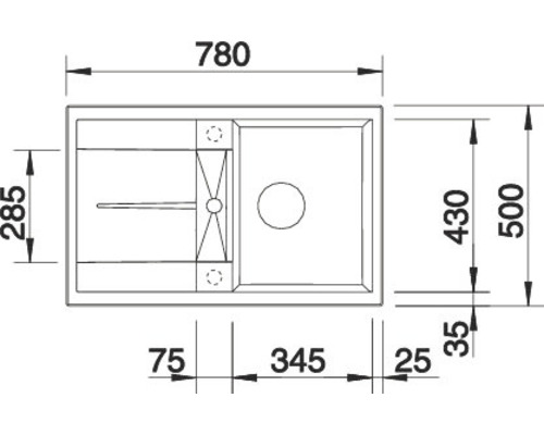 Schéma technique d''un évier de cuisine avec dimensions.