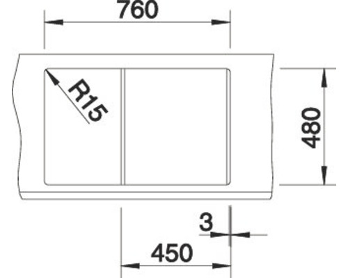 Schéma technique d''un évier avec les dimensions 760, 480 et 450 millimètres