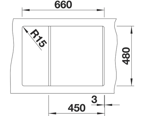 Technische Zeichnung einer Spüle mit Maßangaben