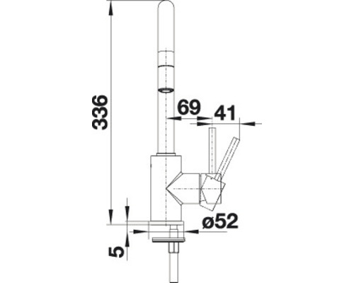 Masszeichnung einer Küchenarmatur mit den Massen 336, 69, 41 und 52 mm.