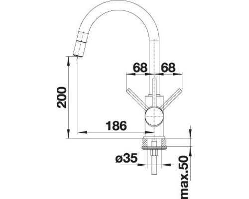Schéma technique d''un robinet de cuisine avec dimensions