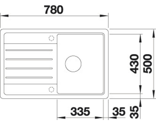 Technische Zeichnung einer Spüle mit Massangaben