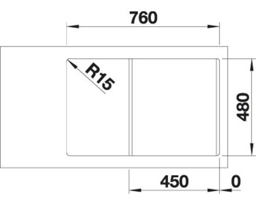 Zeichnung einer Spüle mit Maßen: 760, 480 und 450.