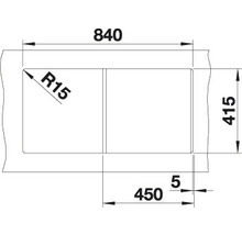 Technische Zeichnung mit Maßangaben für ein Produkt, einschließlich Länge, Breite und Radius