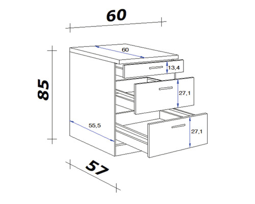 Technische Zeichnung eines Kommodenschranks mit Schubladen und Maßangaben