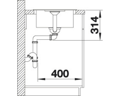 Skizze einer Spüle mit Abmessungen für die Küchenplanung