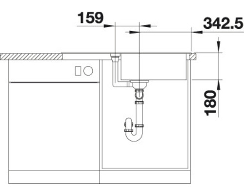 Dessin technique d''un évier avec les dimensions 159, 342,5 et 180.