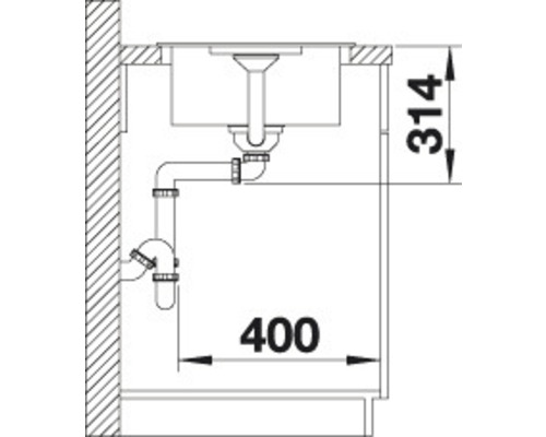 Schéma technique d''un évier avec tuyaux d''évacuation et indications de dimensions 314 et 400.