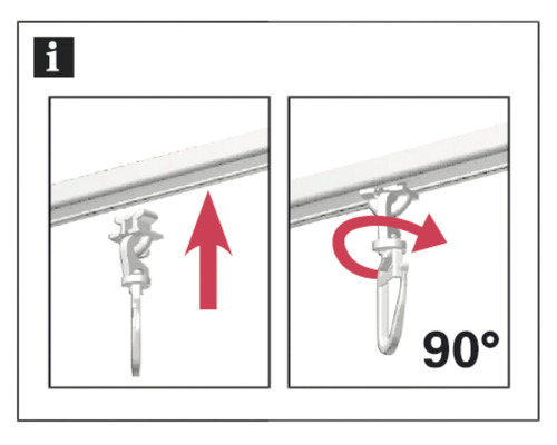 Instructions pour la fixation de roulettes de rideaux sur un rail de rideau