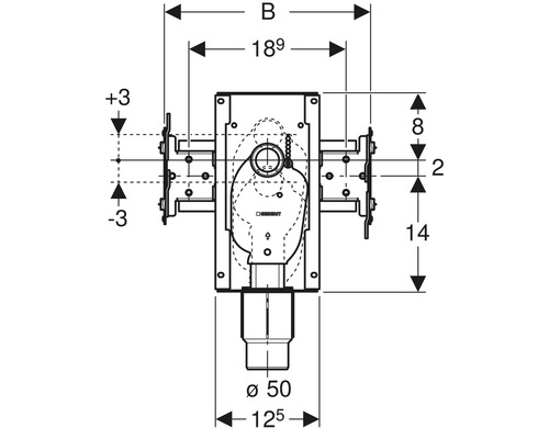 Schéma technique du boîtier encastré Geberit avec dimensions