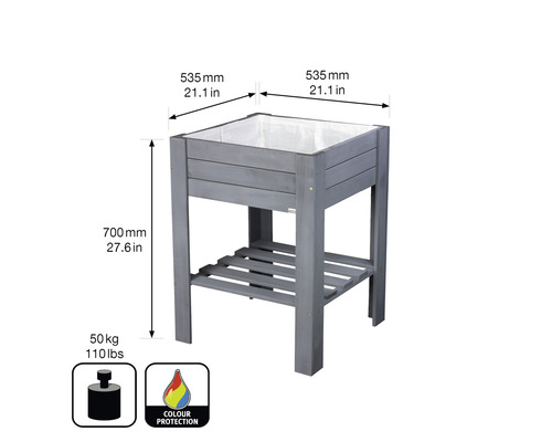 Jardinière sur pieds en bois avec étagère et les dimensions suivantes : 535 mm de largeur, 535 mm de profondeur et 700 mm de hauteur