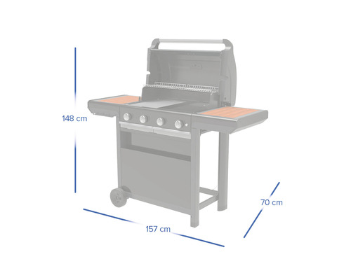 Grill mit den Maßen 148 cm Höhe, 157 cm Breite und 70 cm Tiefe.