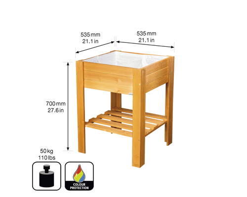 Jardinière sur pieds en bois, dimensions 535 x 535 x 700 millimètres et espace de rangement