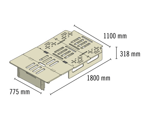Dessin technique d''un objet de 1800 mm de long, 1100 mm de large et 318 mm de haut