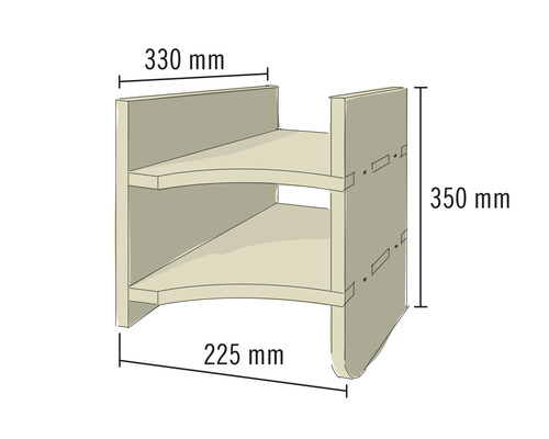 Étagère à deux compartiments mesurant 330 mm de large, 350 mm de haut et 225 mm de profondeur.