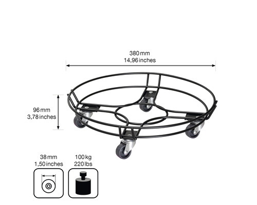 Support à roulettes avec des dimensions de 380 mm de diamètre et 96 mm de hauteur