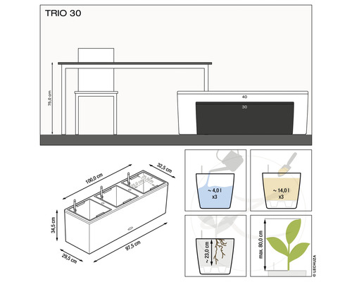Technische Zeichnung des Blumentopfes Trio 30 mit Massangaben
