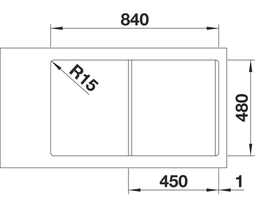 Dessin technique d''un évier avec des dimensions de 840 x 480 mm