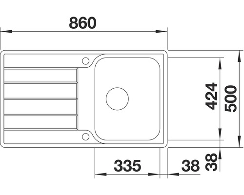 Dessin technique d''un évier avec des dimensions de 860 x 500 millimètres.