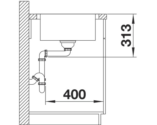 Dessin technique d''un évier avec siphon et indications de dimensions