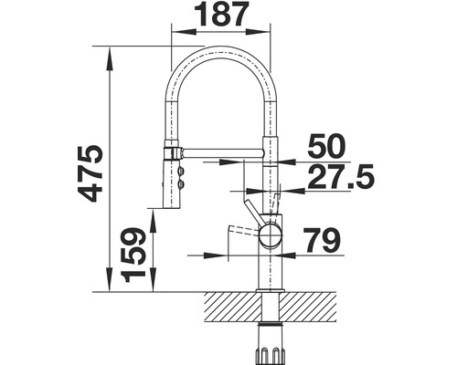 Schéma coté d''un robinet de cuisine avec les dimensions 475, 187, 159, 79, 50 et 27,5 millimètres