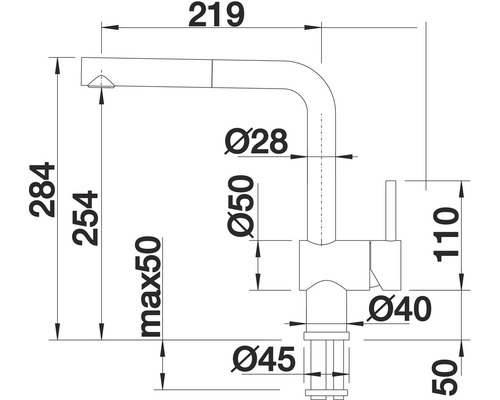 Schéma technique d''un robinet de cuisine avec dimensions