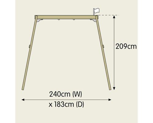 Dimensions d''une balançoire en bois: 240 centimètres de large, 183 centimètres de profondeur, 209 centimètres de haut
