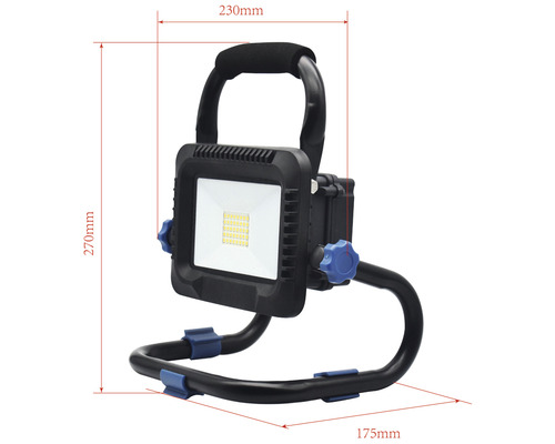 Projecteur de chantier LED avec poignée et pied, dimensions 270 x 230 x 175 millimètres