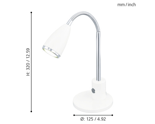 Lampe de bureau blanche avec bras flexible et indications de dimensions