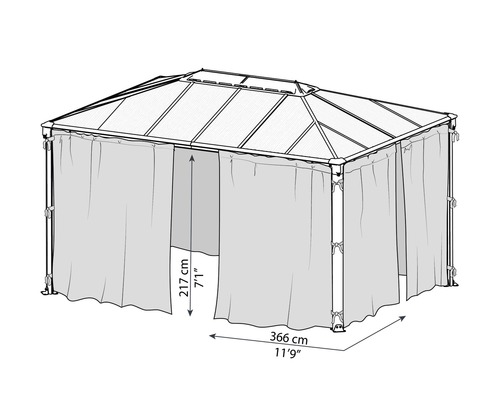 Image d''un pavillon avec rideaux et les dimensions 217 cm de hauteur et 366 cm de longueur