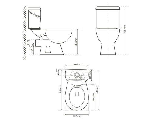 Technische Zeichnung eines Stand WCs mit Maßangaben in Millimetern