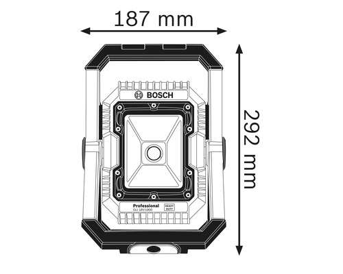 Dimensions du projecteur de chantier Bosch : 187 mm de large et 292 mm de haut.
