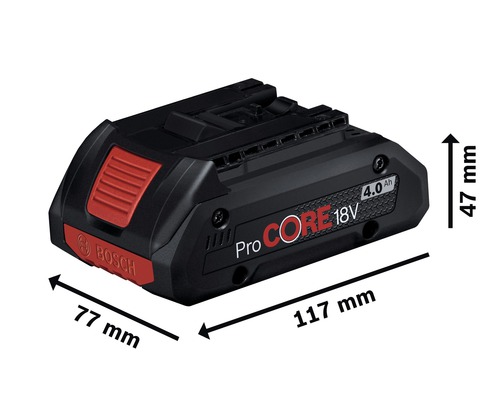 Batterie Bosch ProCORE 18V 4.0 Ah avec dimensions 77 mm x 117 mm x 47 mm