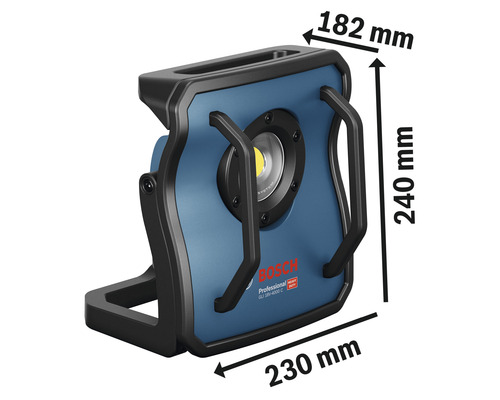 Projecteur de chantier sans fil Bosch avec les dimensions 182 mm x 240 mm x 230 mm