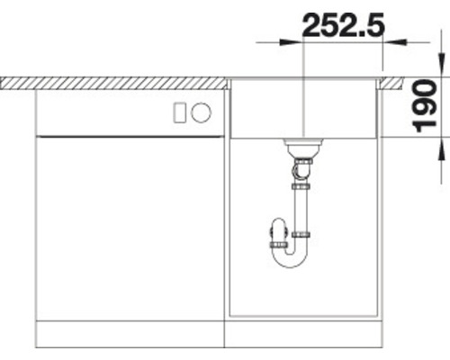 Schéma technique d''un évier de cuisine avec siphon et indications de dimensions