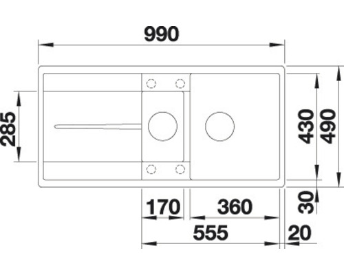 Technische Zeichnung einer Spüle mit Maßangaben