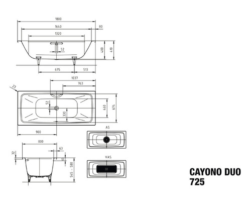Dessin technique d''une baignoire Cayono Duo 725 avec dimensions
