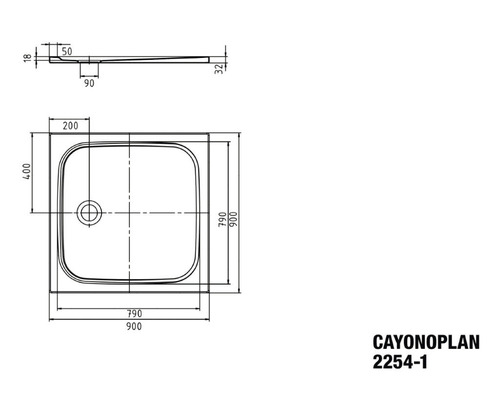 Technische Zeichnung einer CAYONOPLAN Duschwanne mit Maßangaben