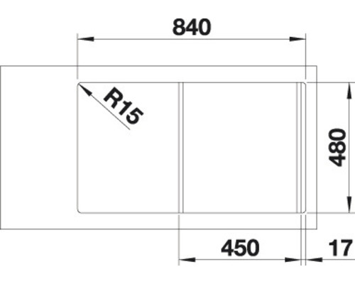 Technische Zeichnung eines Spülbeckens mit Maßen.