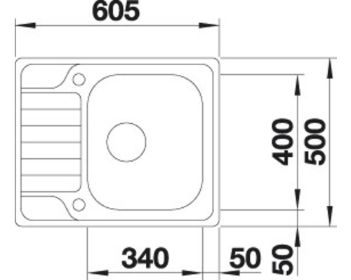 Technische Zeichnung einer Spüle mit den Massen 605 x 500 Millimeter.